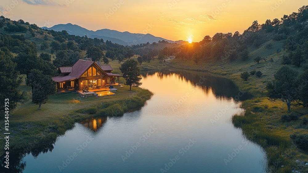 Fototapeta premium Rustic cabin on lake at golden sunset