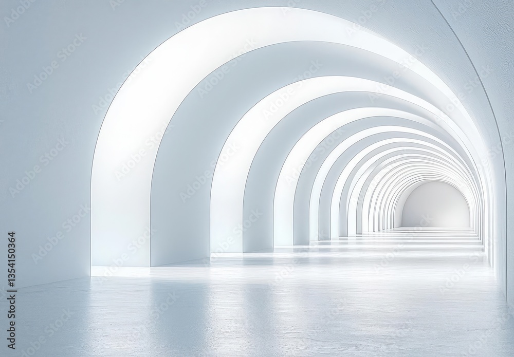 Naklejka premium A stunningly bright and minimalistic corridor with archways, showcasing elegant lighting and smooth surfaces. Copy space, commercial use