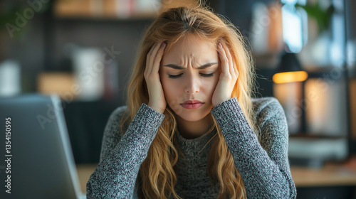 Unhappy young woman sitting in front of a desk at the office, sick and stress headache feeling depressed suffering trauma from problem trouble tension, tired difficulty mental health, exhausted pain