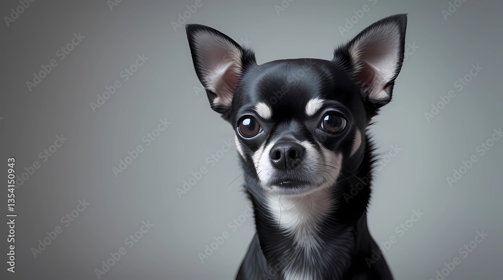 High-quality, professional studio photograph of a beautiful black Chihuahua with a distinctive white tip on the top of her head, showcasing her endearing facial expression, large dark eyes, and tiny High-quality, professional studio photograph of a beautiful black Chihuahua with a distinctive white tip on the top of her head, showcasing her endearing facial expression, large dark eyes, and tiny