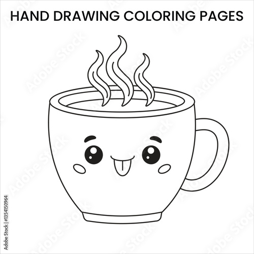 Cute Kawaii Coffee Mug with Plants. Kawaii-style coffee mug with plants, cute doodle hand-drawn coloring page for kids.