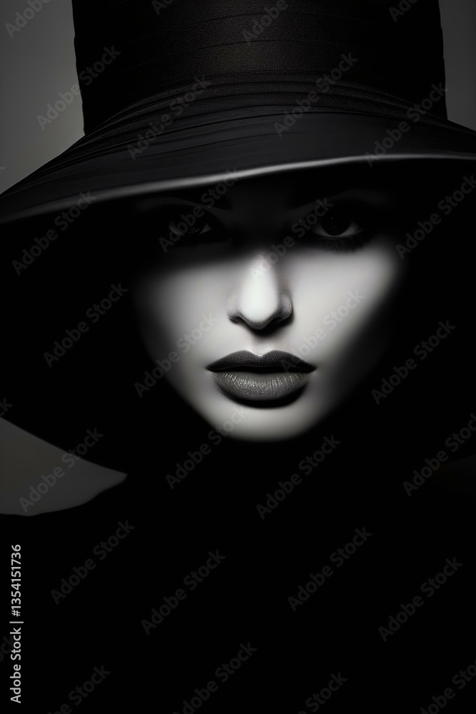 Striking monochrome portrait of a woman wearing a wide-brimmed hat, showcasing bold makeup and intense gaze, emphasizing fashion and elegance. Striking monochrome portrait of a woman wearing a wide-brimmed hat, showcasing bold makeup and intense gaze, emphasizing fashion and elegance.