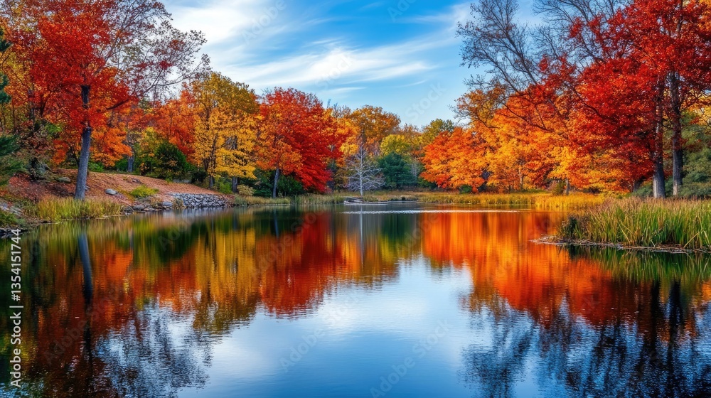 Vibrant red and yellow autumn trees reflected in a calm lake surrounded by golden reeds. Serene fall landscape in a wooded area with rich seasonal colors. Nature and tranquility concept. Generative AI Vibrant red and yellow autumn trees reflected in a calm lake surrounded by golden reeds. Serene fall landscape in a wooded area with rich seasonal colors. Nature and tranquility concept. Generative AI