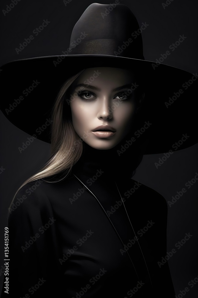 Striking portrait of a model with a large black hat, featuring dramatic lighting and a dark background, exuding elegance and mystery. Striking portrait of a model with a large black hat, featuring dramatic lighting and a dark background, exuding elegance and mystery.