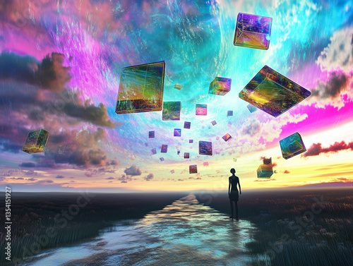 Surreal Cosmic Cubes Over Tranquil Waters