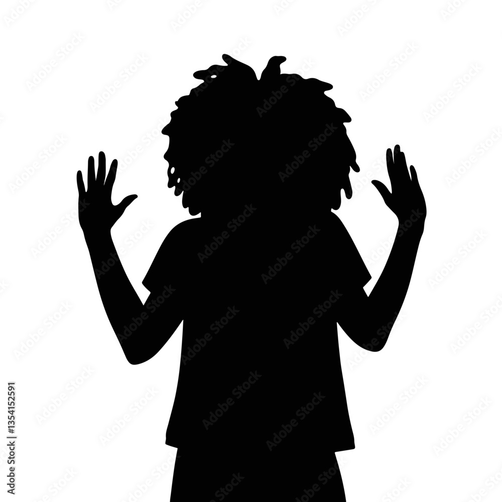 Excited silhouette of young black woman waving arms, joyful expression Excited silhouette of young black woman waving arms, joyful expression