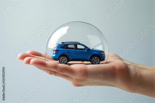 Blue toy car inside a bubble, held by hand. Perfect for car insurance advertisements or playful, creative design projects.