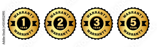 1, 2, 3 and 5 year warranty logo set in golden color vector illustration. One, two, three and five year Warranty labels, stamp designs in golden and black color. Set of golden warranty logo.