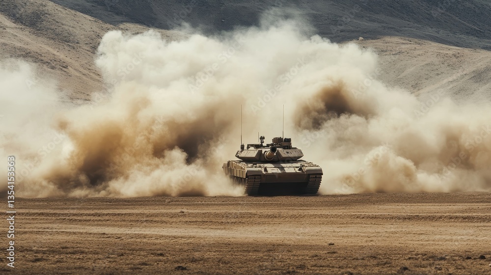 Fototapeta premium tank driving through desert dust cloud