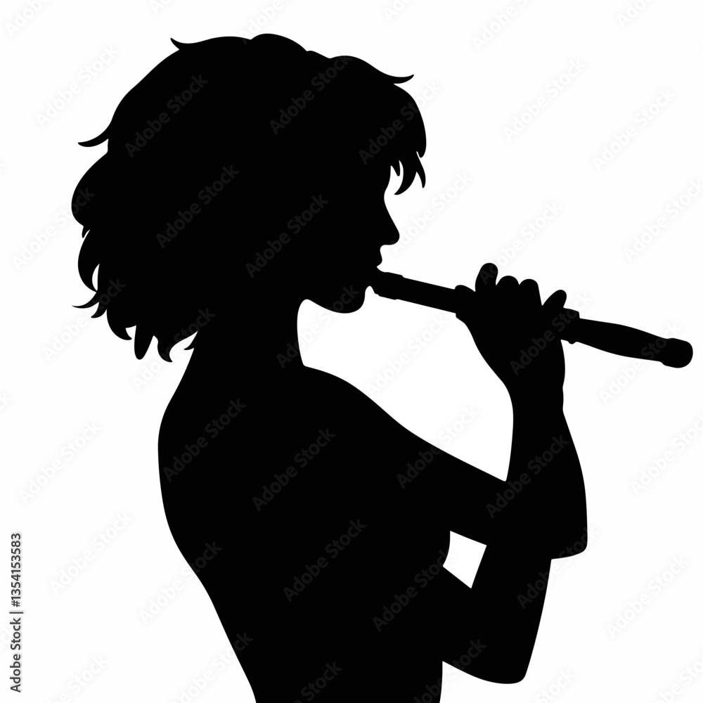 Silhouette of a young woman playing flute on white background, musical artistry Silhouette of a young woman playing flute on white background, musical artistry