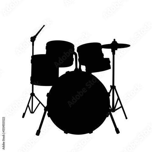 Silhouette of a drum set against a white background, musical concept