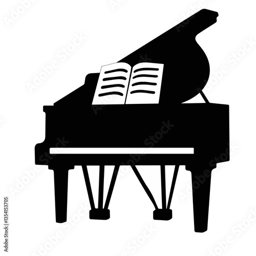 Silhouette of grand piano with sheet music, musical elegance