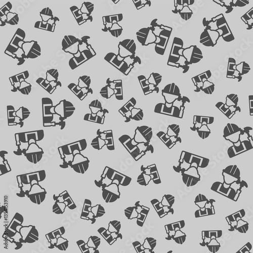 Builder man and hammer solid seamless pattern, construction theme. Vector graphics. Worker with hammer tool sign background, filled with glyphs icon.