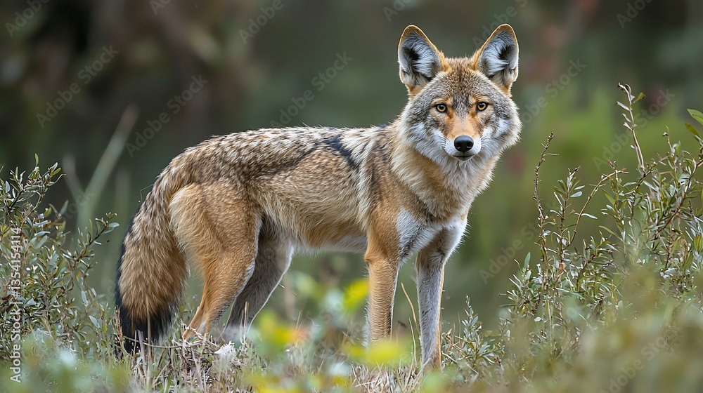 A coyote standing in a forest, looking directly at the camera.