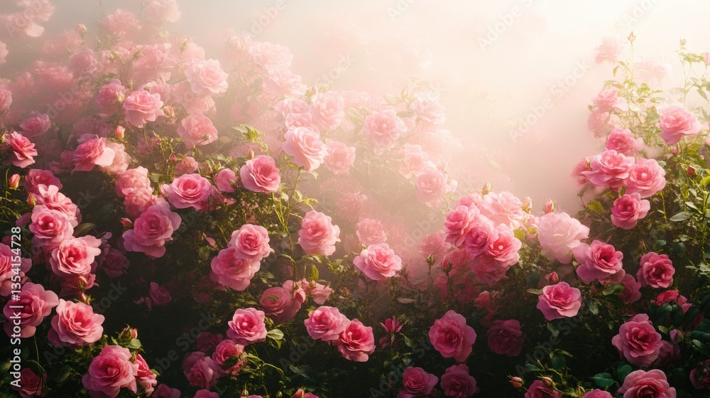 Field of pink roses in soft sunlight with mist creating a dreamy, natural atmosphere. Lush blooming flowers and green leaves in an outdoor garden setting. Generative AI Field of pink roses in soft sunlight with mist creating a dreamy, natural atmosphere. Lush blooming flowers and green leaves in an outdoor garden setting. Generative AI