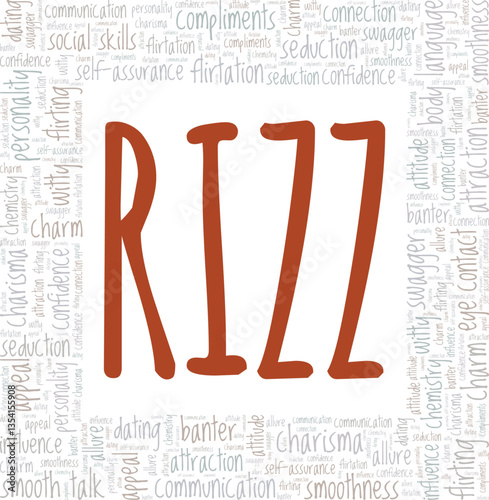Rizz - Charm, Charisma word cloud conceptual design isolated on white background.