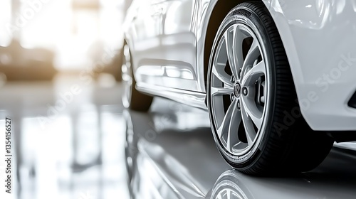 Close-up of a white car's alloy wheel in a showroom.