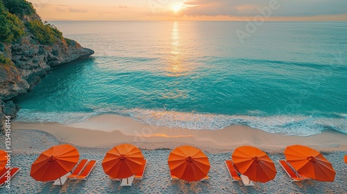 Sunrise over secluded cove beach with orange umbrellas