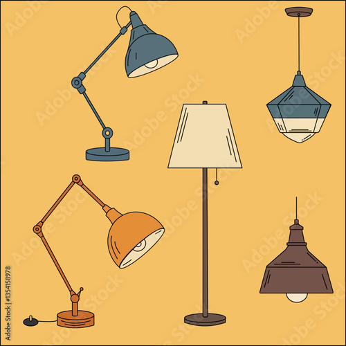 Electric table, floor lamps, lampshades, ceiling chandeliers, bedside nightlights set. Different interior light decor standing and hanging. Flat vector illustrations isolated on white background