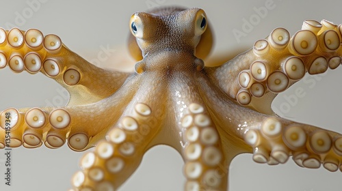 Intricate details of a captivating octopus captured in a studio portrait against a light-gray background showcasing smooth skin and striking chromatophore patterns