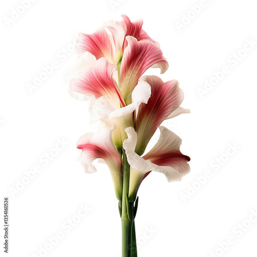 A single pink and white flower with a green stem