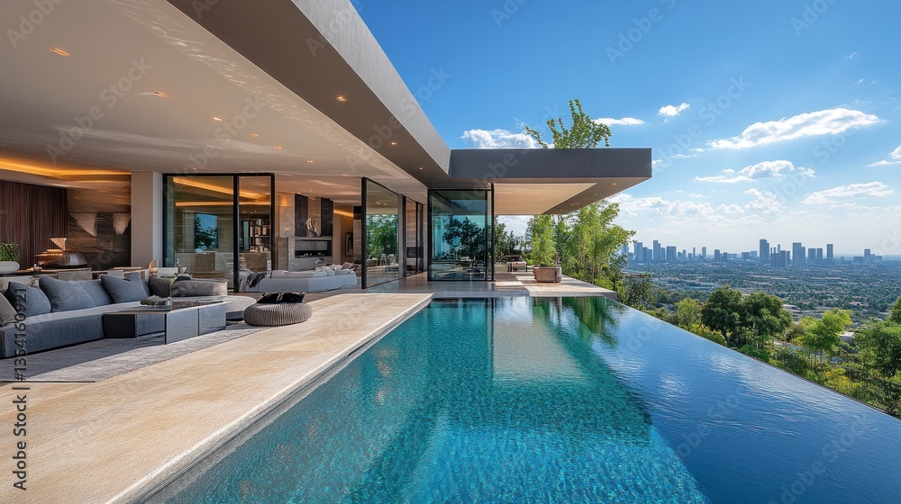 Fototapeta premium Modern Luxury Pool Home with City Views