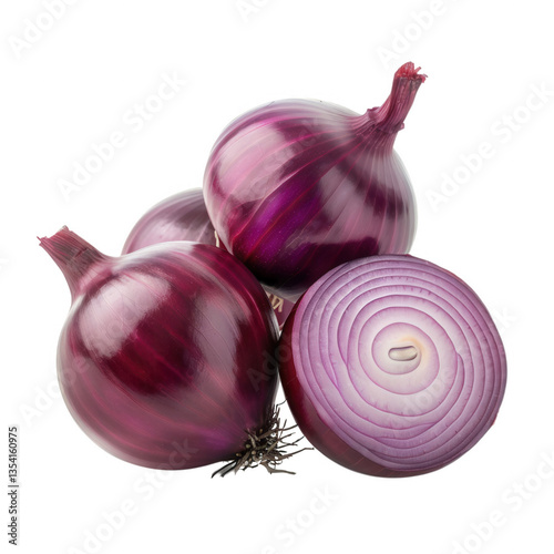 A bunch of red onions with one cut in half