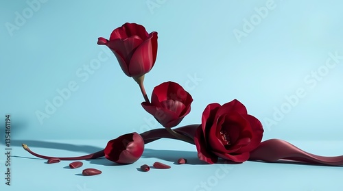 Crimson Elegance: A minimalist arrangement of deep red flowers blooms against a serene blue background, showcasing delicate petals and artistic composition.