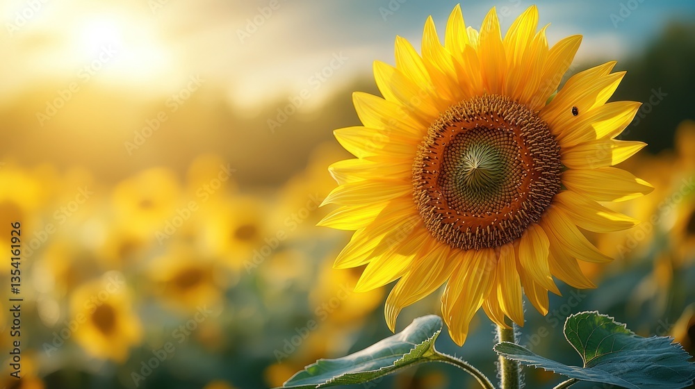 Fototapeta premium Golden Sunflower Blooming at Sunset in Field