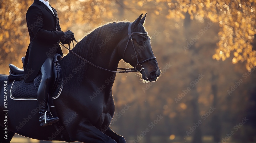 Obraz premium Equestrian in Autumn Park, Black Horse in Motion