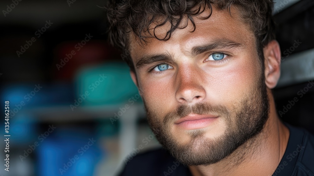 Obraz premium Close-up portrait of a young man with expressive eyes and a short, textured hairstyle. A serious, focused gaze