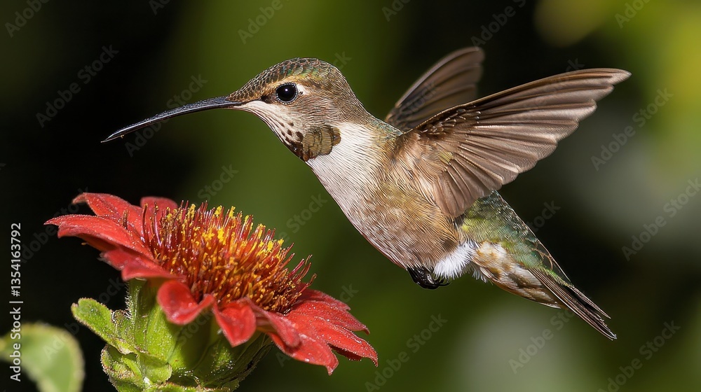 Fototapeta premium Magnificent Hummingbird in Flight Approaching Vibrant Red Flower Petals in Natural Garden Setting