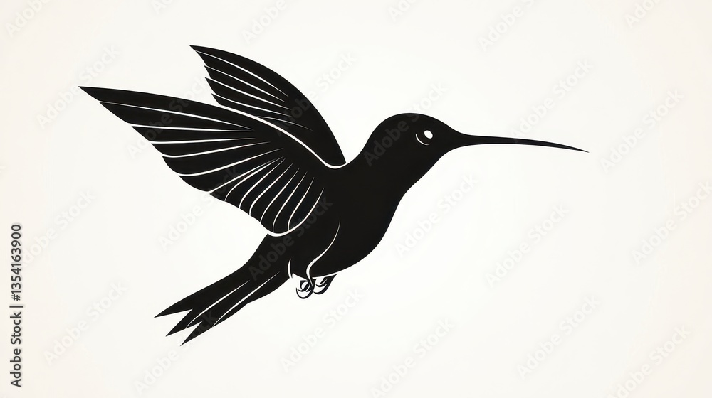 Fototapeta premium Elegant black silhouette of a hummingbird in mid-flight with spread wings against a light background