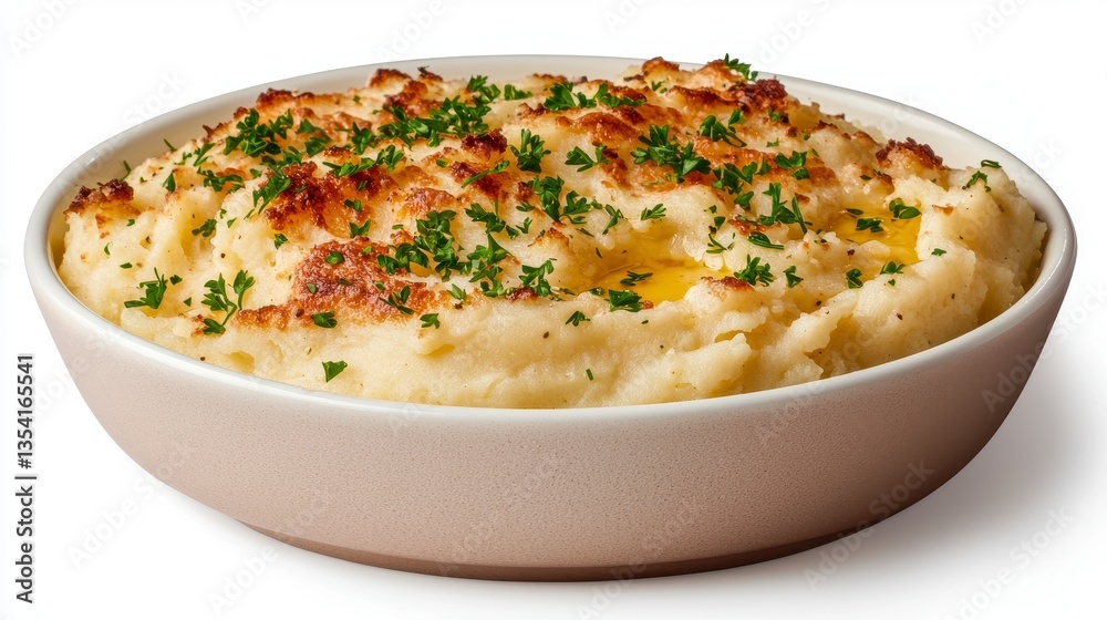 Creamy Mashed Potatoes with Browned Butter and Parsley Garnish in Beige Bowl Creamy Mashed Potatoes with Browned Butter and Parsley Garnish in Beige Bowl