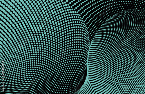 Dynamic color halftone dots: abstract wave patterns for technology and sound, dynamic particle waves on black background.
