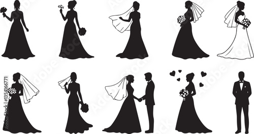 Elegant Bride Silhouette Vector Icons - Wedding Symbols, Marriage Concept, Black Vector Icons for Invitations, Decor, and Digital Projects
