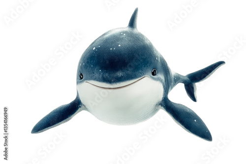 A cartoonish blue and white dolphin with a big smile on its face