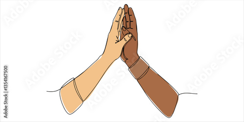 Solid teamwork single, continuous line drawing portrays several hands coming together in a high five gesture. This simple illustration represents strong teamwork, mutual support, and encouragement. 