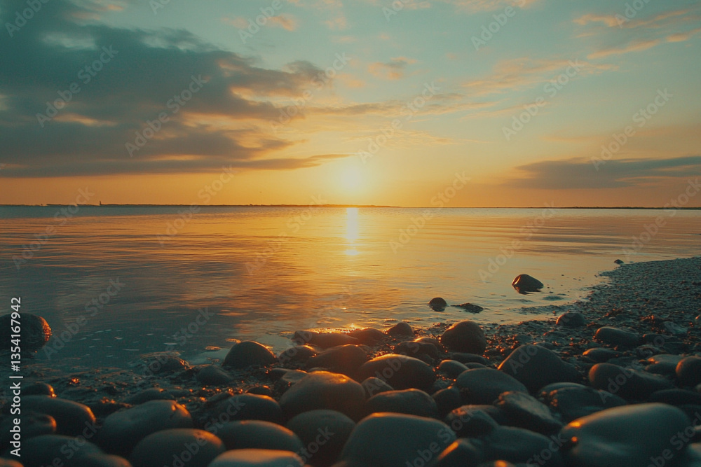 Obraz premium Arafed view of a beach with rocks and water at sunset