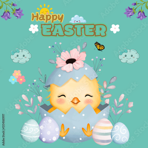 Beautiful Premium Happy Easter Greeting Card Banner Illustration With Chick And Eggs. Funny Easter Poster Vector