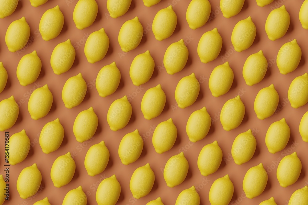 Many lemons on sienna background. Top flat view, symmetrical grid. 3d render, illustration