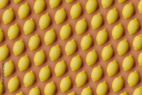 Obraz na płótnie Many lemons on sienna background. Top flat view, symmetrical grid. 3d render, illustration w salonie