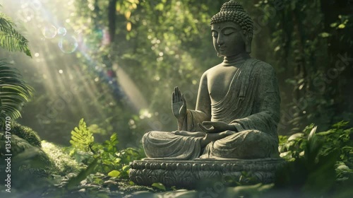 the beauty of the Buddha statue in the middle of the forest on a sunny morning. seamless looping time-lapse virtual 4k video Animation Background.	
