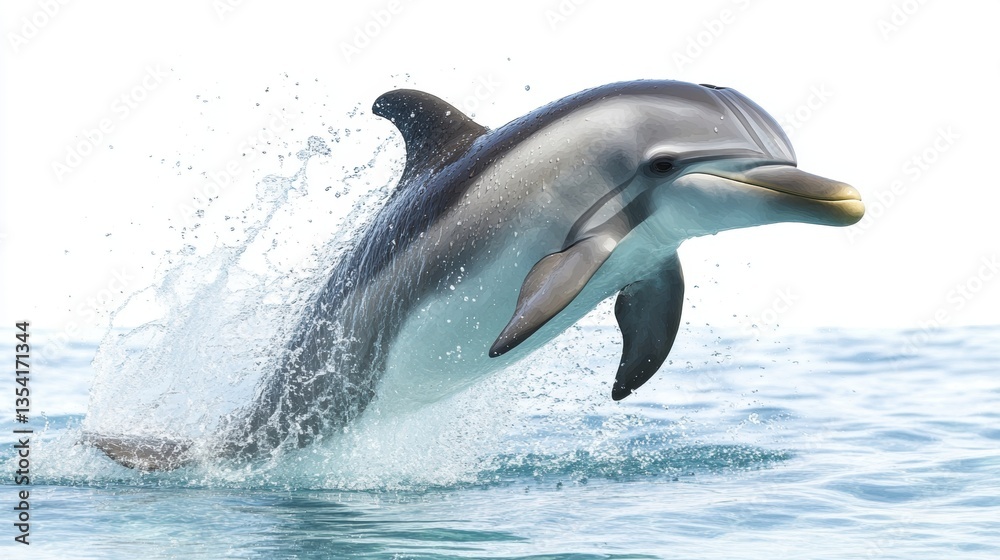 Fototapeta premium Playful dolphin performing a joyful leap above the water surface in a captivating watercolor art style