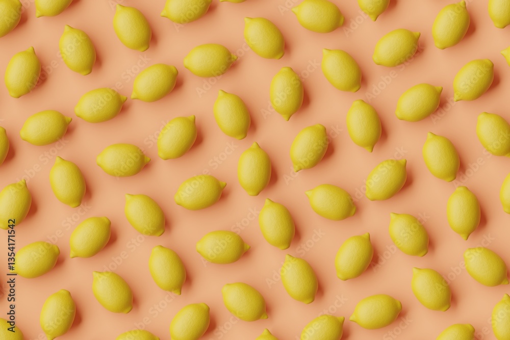 Many lemons on coral background. Top flat view, diagonal grid. 3d render, illustration