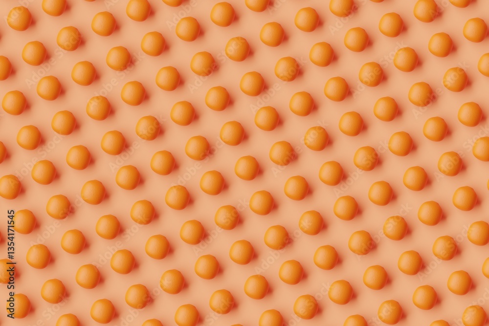 Many oranges on coral background. Top flat view, symmetrical grid. 3d render, illustration