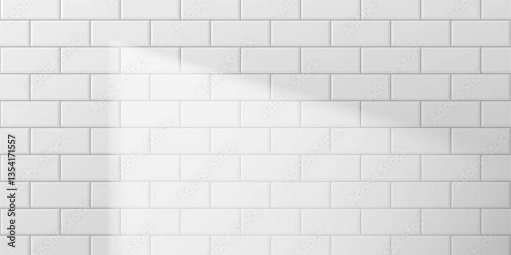 Naklejka premium Template of clear white tile wall. White ceramic wall tiles texture background. Vector illustration with tile wall or floor in laundry room, bathroom, kitchen with light of window.