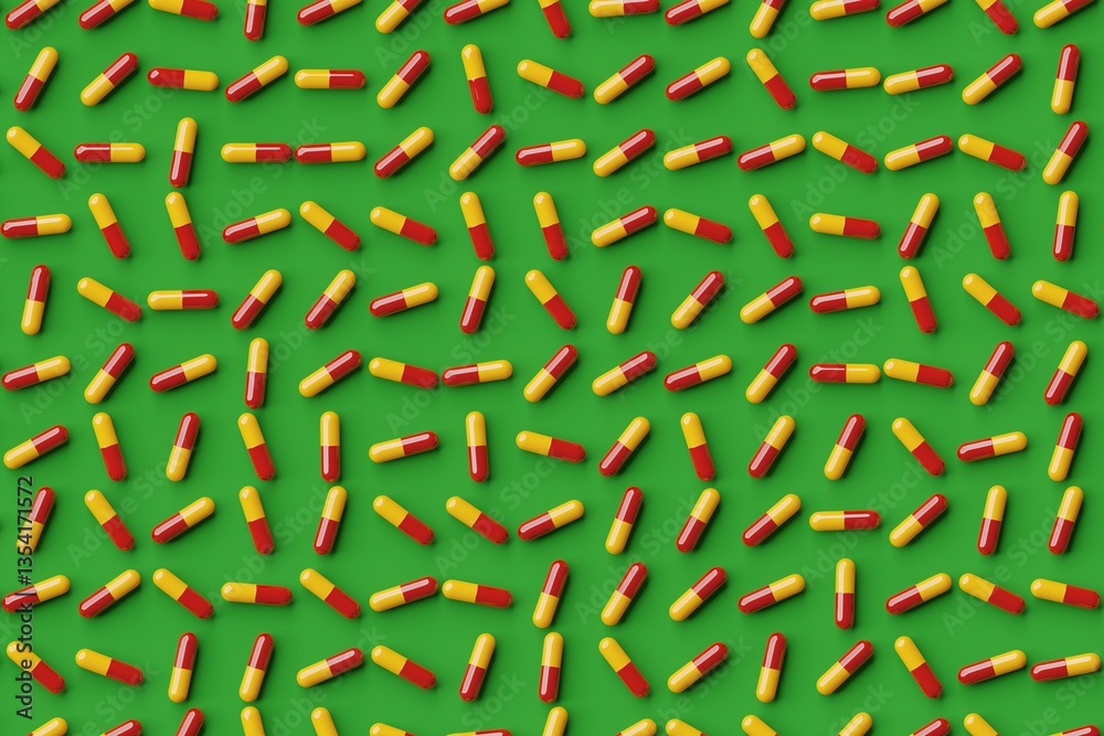 Many red and yellow pills on dark green background. Top flat view, disorder and grid, diagonal. 3d render, illustration