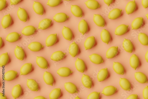 Obraz na płótnie Many lemons on coral background. Top flat view, diagonal grid. 3d render, illustration w salonie