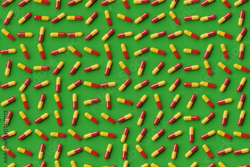 Obraz na płótnie Many red and yellow pills on dark green background. Top flat view, disorder and grid, diagonal. 3d render, illustration w salonie